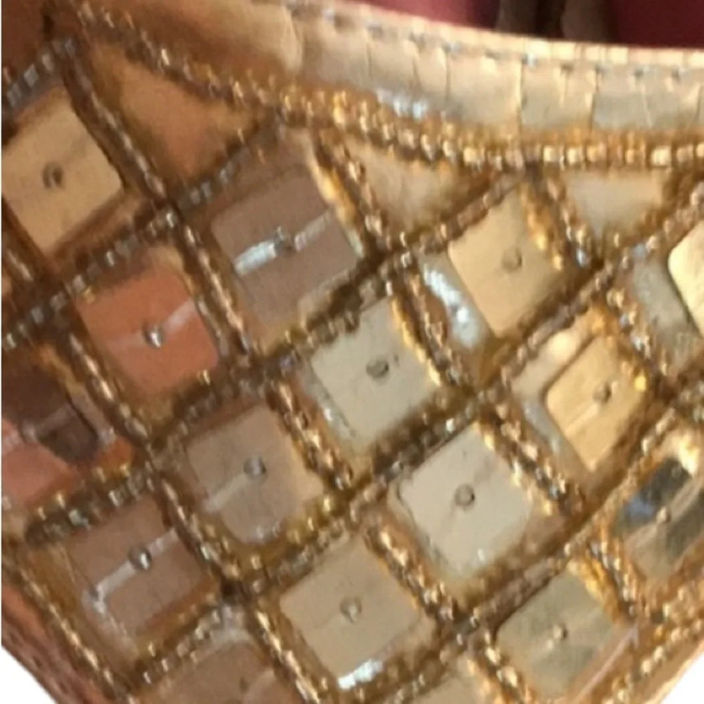 Gold sequin size 10 wedge’s with seed beads and square sequins,Cork heel